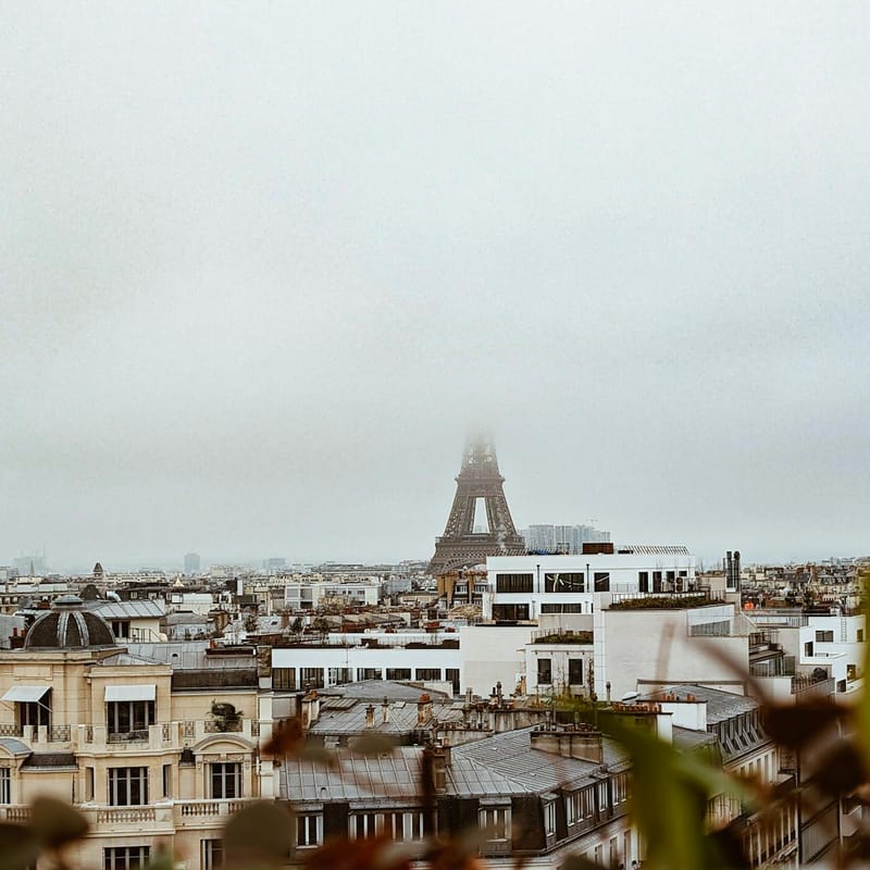 Paris rooftops and Eiffel Tower in the mist