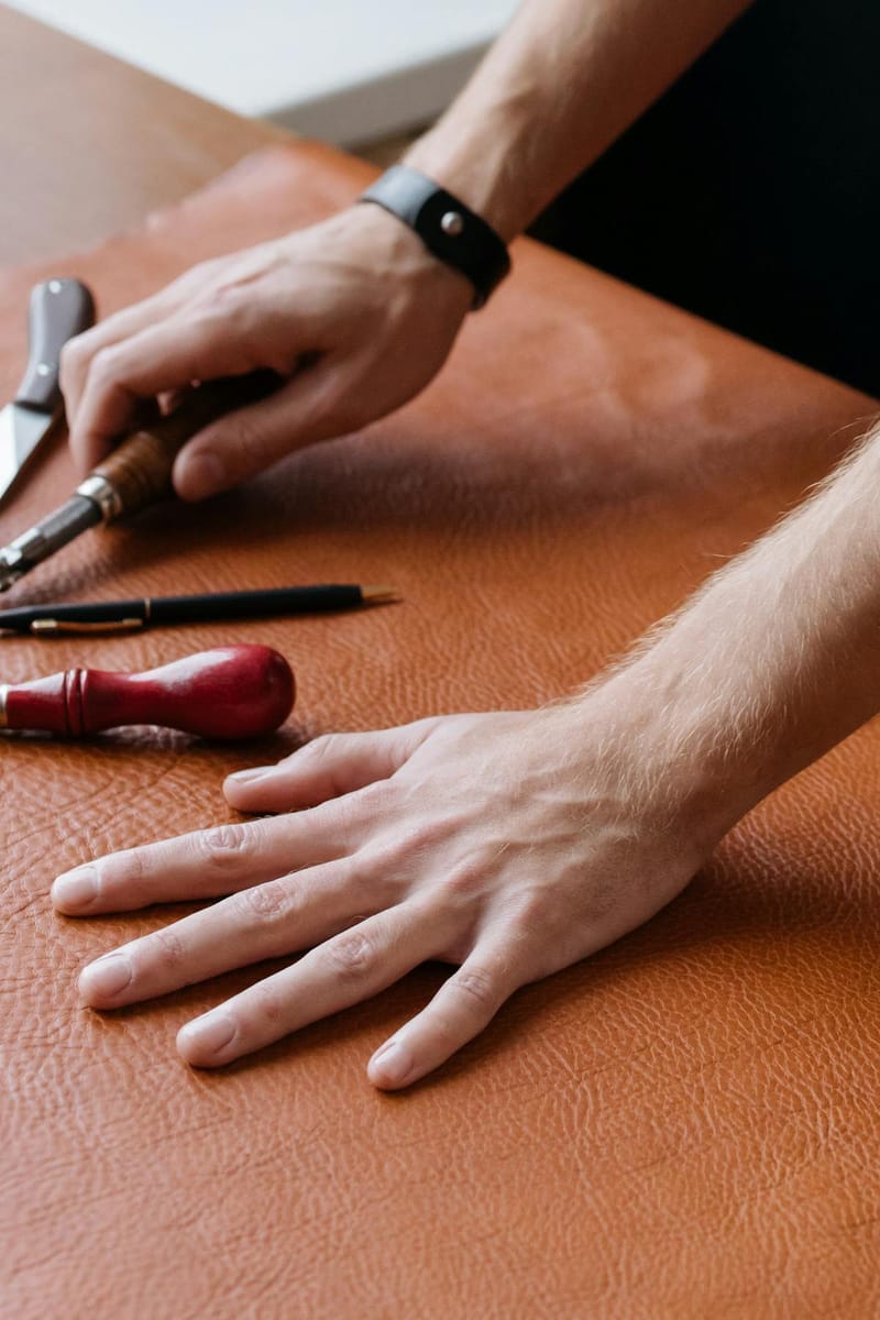 Hands on full grain leather with artisan tools